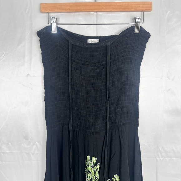 Halter Dress Womens Black Green Smocked Boho Gypsy Asymmetric Maxi Size Med - Picture 3 of 9